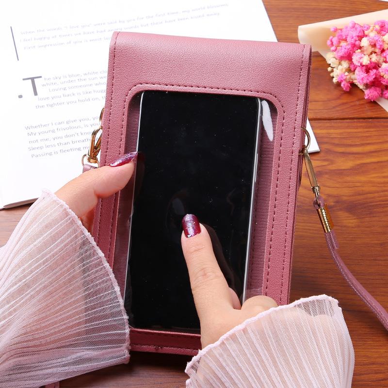 Bærbar PU-skinn tegneserie Enkel Mini Gjennomsiktig berøringsskjerm Mobil lommebok Skulder Crossbody Bag for IPhone Samsung Huawei