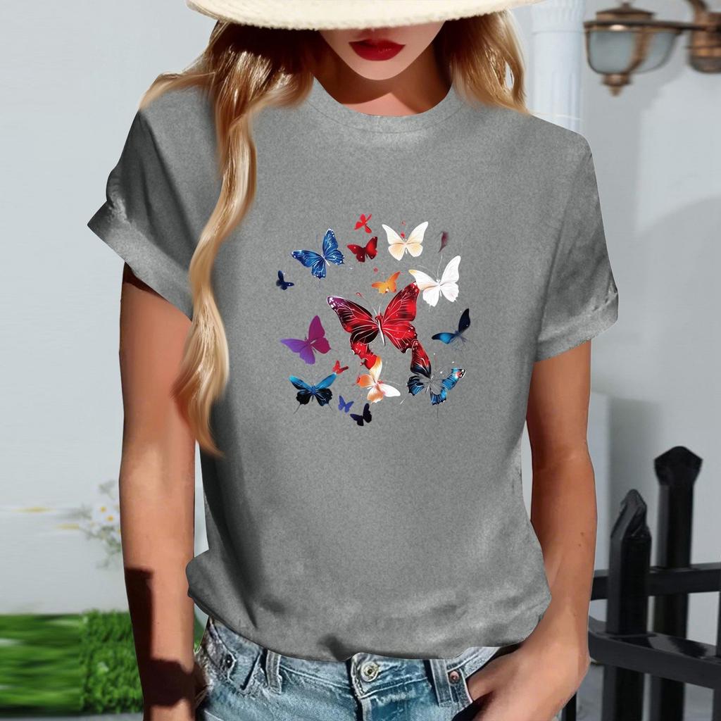 Women's Fashionable Round Neck Casual Retro Print Short Sleeved T-shirt Top