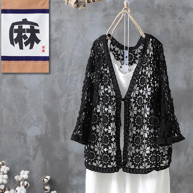 

Вязаный крючком жакет-кардиган с цветочным узором и рукавами 9/4, новая женская шаль в художественном стиле в стиле ретро. One Size чёрный