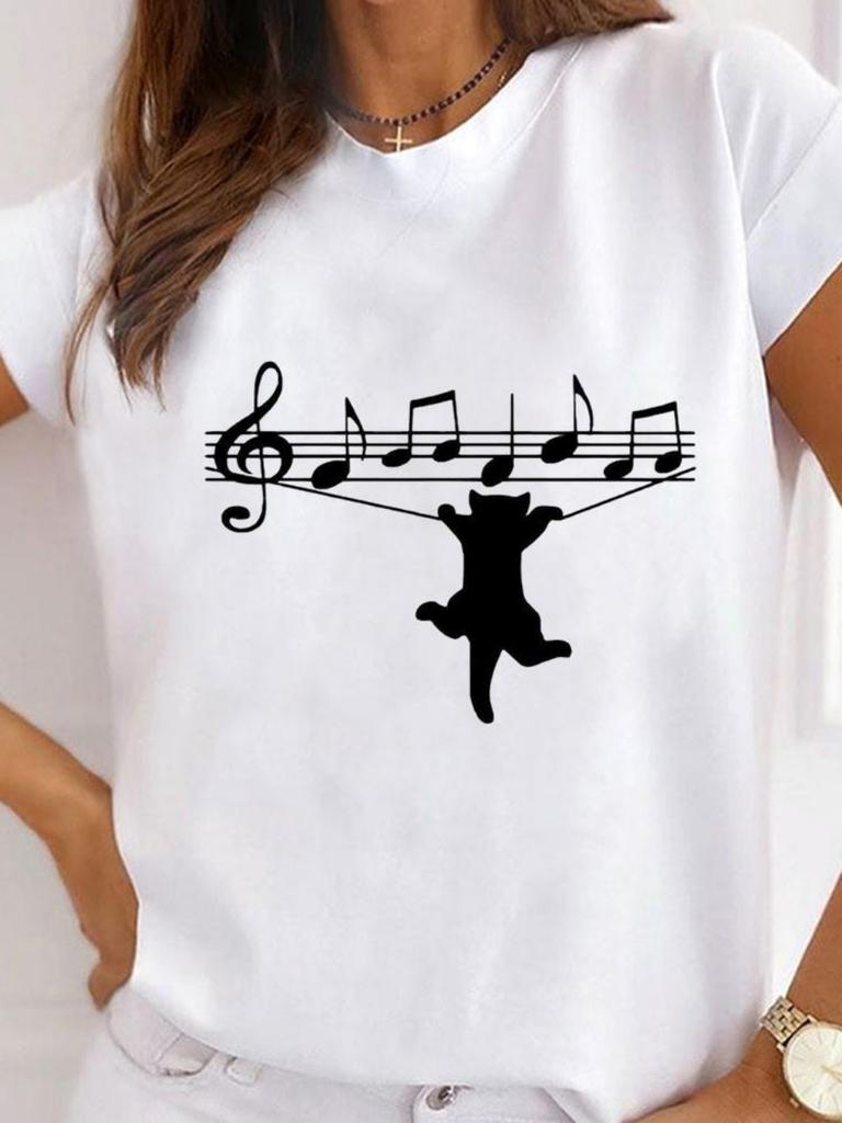 Fashionable Cartoon Cat Printed Womens Tshirt Fashionable Round Neck Top Casual Short Sleeved Womens Clothing