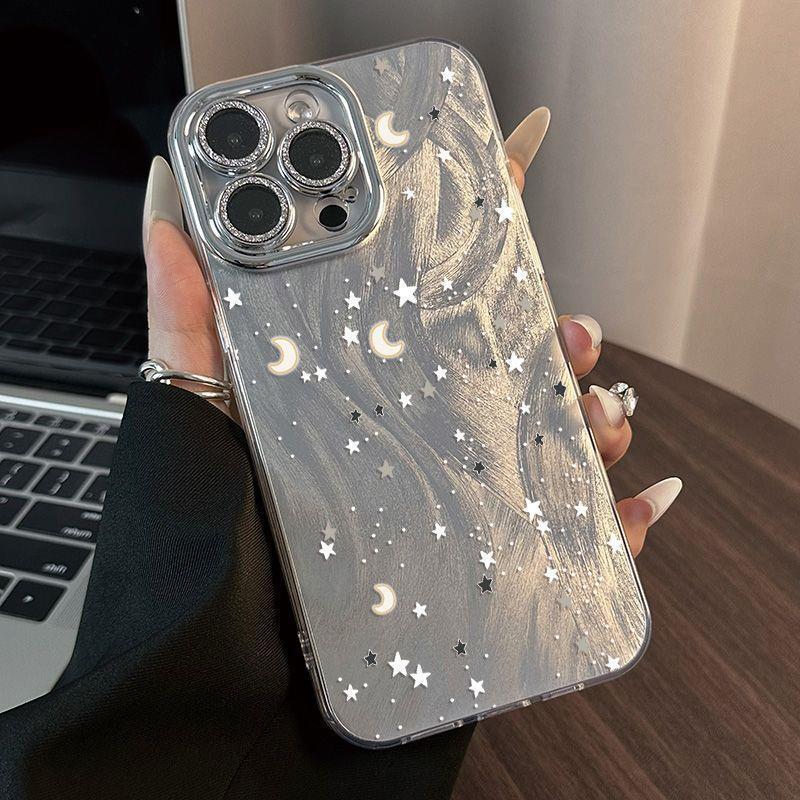 Star and Moon Ink Design Phone Case for Apple 17 Pro Max with Precise Cutouts & Feathery Yarn, Includes 16 Lens Film for 14 & 13 Models