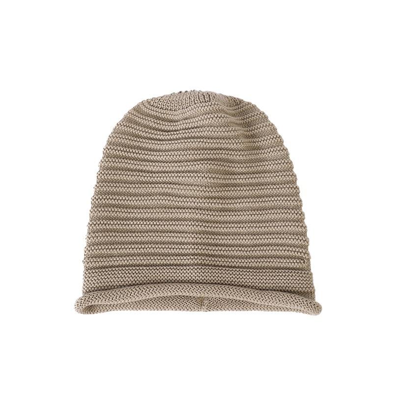 Hat women's spring and autumn new solid color striped knitted hat fashionable big head circumference pullover wool bag head confinement stack hat