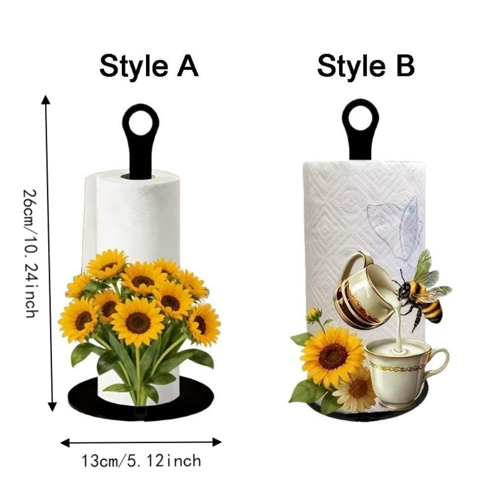 2D Flat Acrylic Roll Paper Towel Holder Sunflower Floral Wooden Base Vertical Napkins Rack Decorative Freestanding