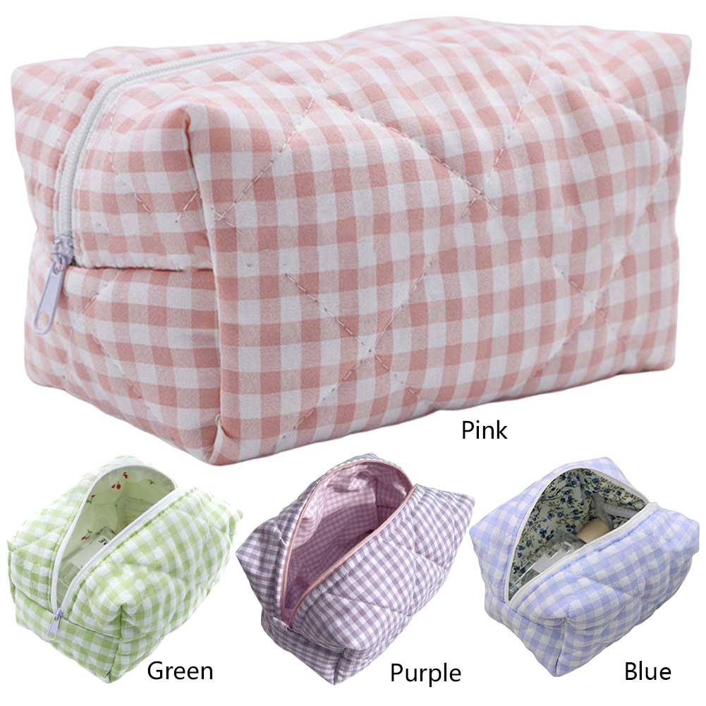 Women Skincare Pouch Large Capacity Quilted Checkered Makeup Bag Lady Makeup Bag Purse Lightweight for Cosmetics Makeup Brushes