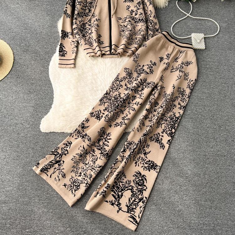 Damen Premium Print Kapuzenpullover Hohe Taille Weite Beinhosen Lässige Sport Strickwaren Zweiteiliges Set Mode Altersreduzierend