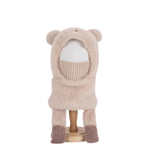 Kids Hat with Face Guard Scarf Plush Inner Lining Solid Color Bear Shape Warm Windproof Knit Hat Autumn Winter Outdoor Wear