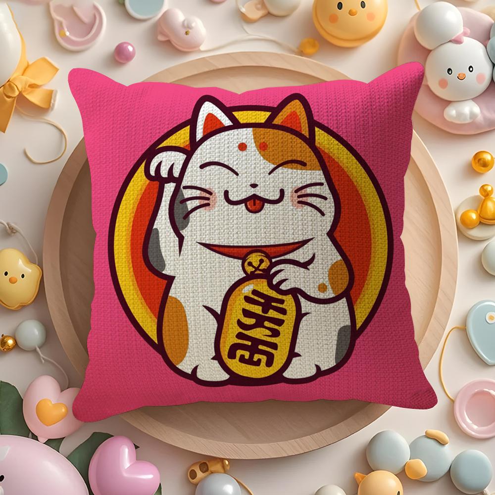 Lucky Cats Cartoon Cushion Cover Natural Linen Organic Fabric DoubleSided Printing Sofa Home Decor Gift Pillow Cover