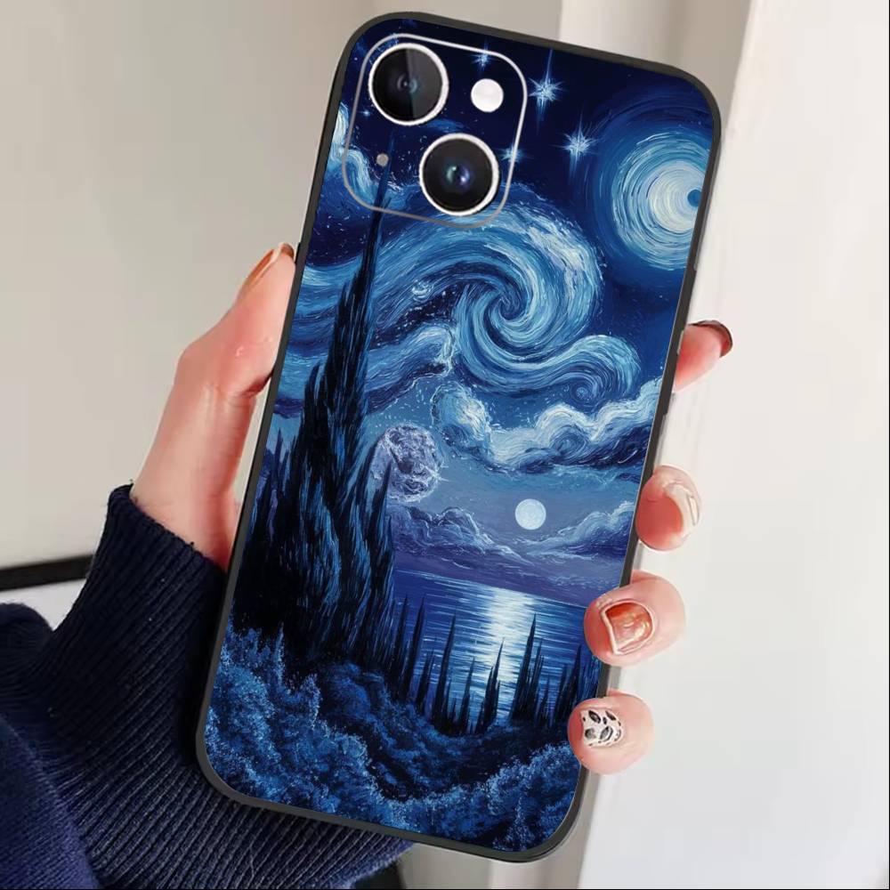 Whimsical landscape Starry Night Phone Case For iPhone17,16,15,14,13,12 Plus,Max Soft Silicone Black Cover