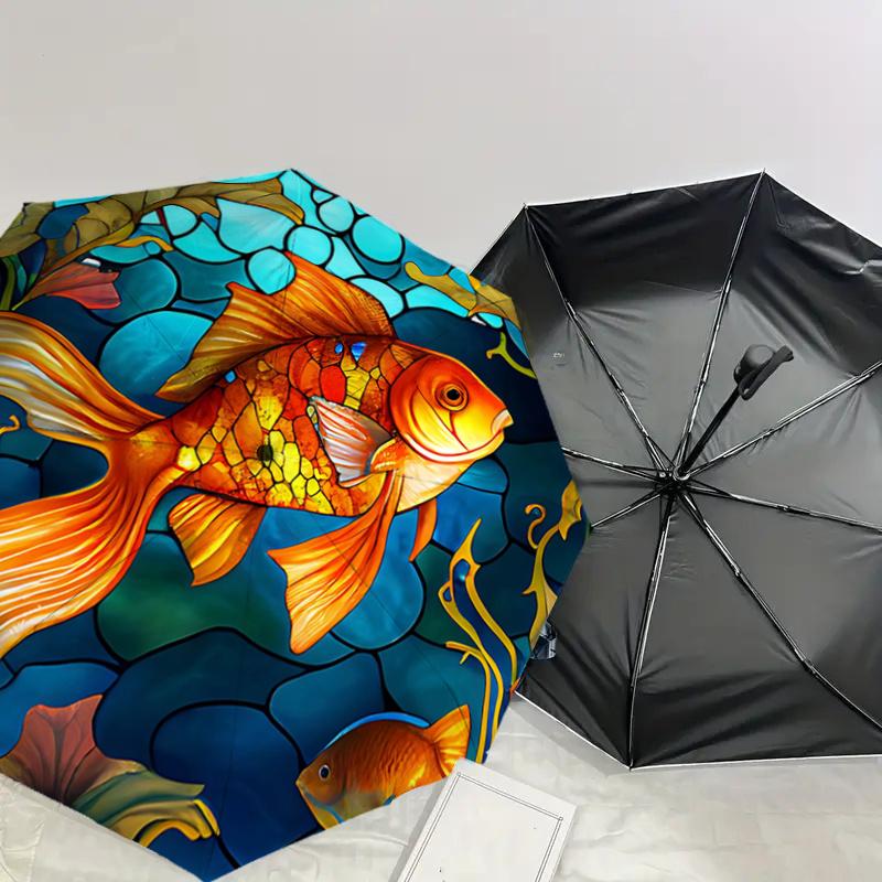 Stained Fish Design Automatic Opening Folding Umbrella with Iron Frame Perfect for Fans,Travelers,Daily Use,and Festive Gifts!1121009a
