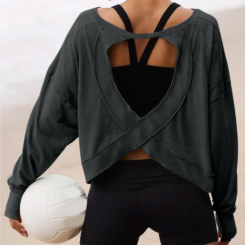 Women's Loose Long Sleeved Backless Women's Top Age Reducing Hollow Out Short Round Neck Women's T-shirt