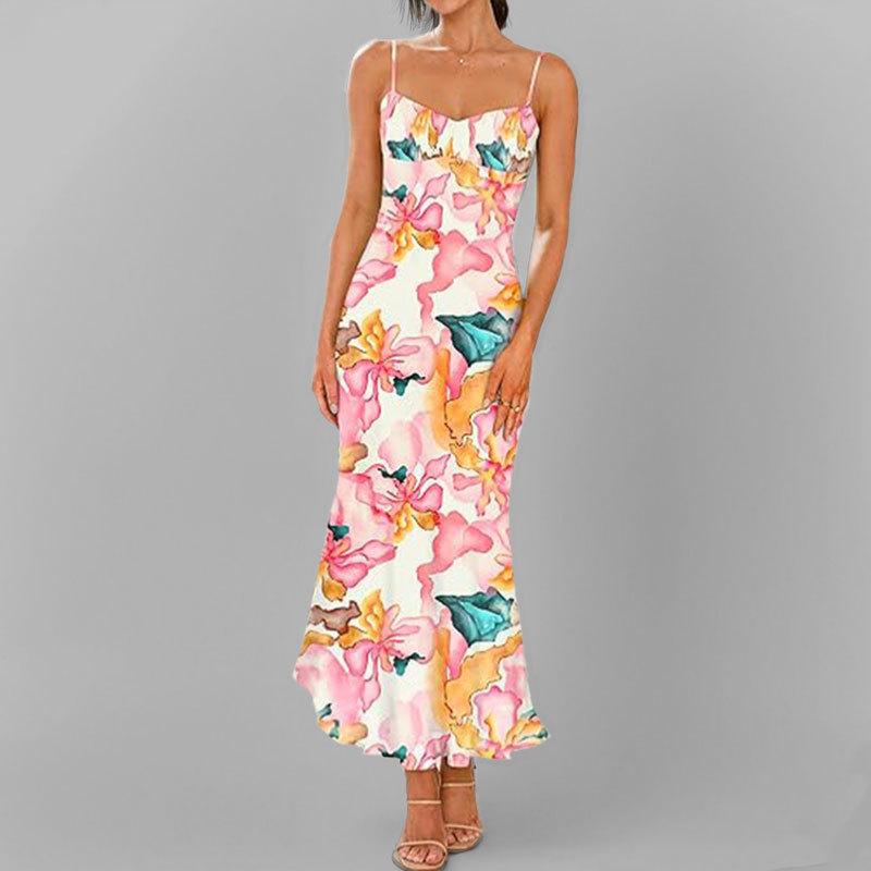 Spring New Women's Clothing Elegant Hip-packing Plant Printed Suspender Dress