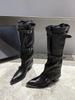 Cowhide Version Pointed Pile Boots Niche Design Retro Western Cowboy Boots Thick Heel Hot Girl Fashion Sense Long Boots Women
