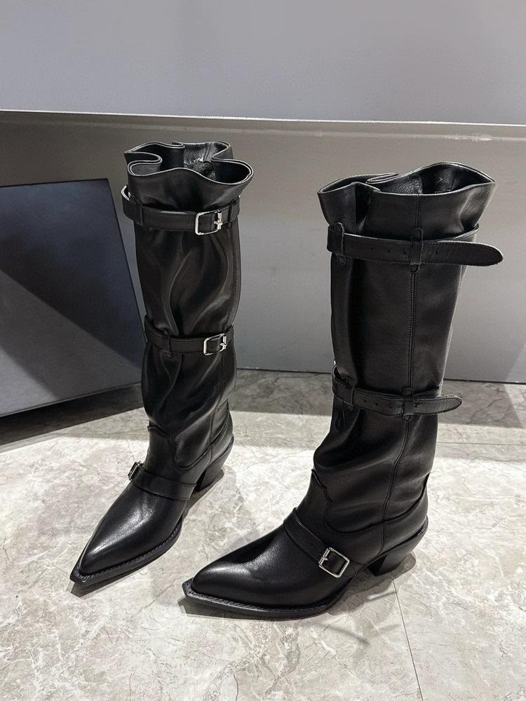 

Версия из коровьей кожи ботинки с острым носком нишевый дизайн ретро западные ковбойские сапоги толстый каблук модный стиль горячей девушки длинные сапоги женские 40