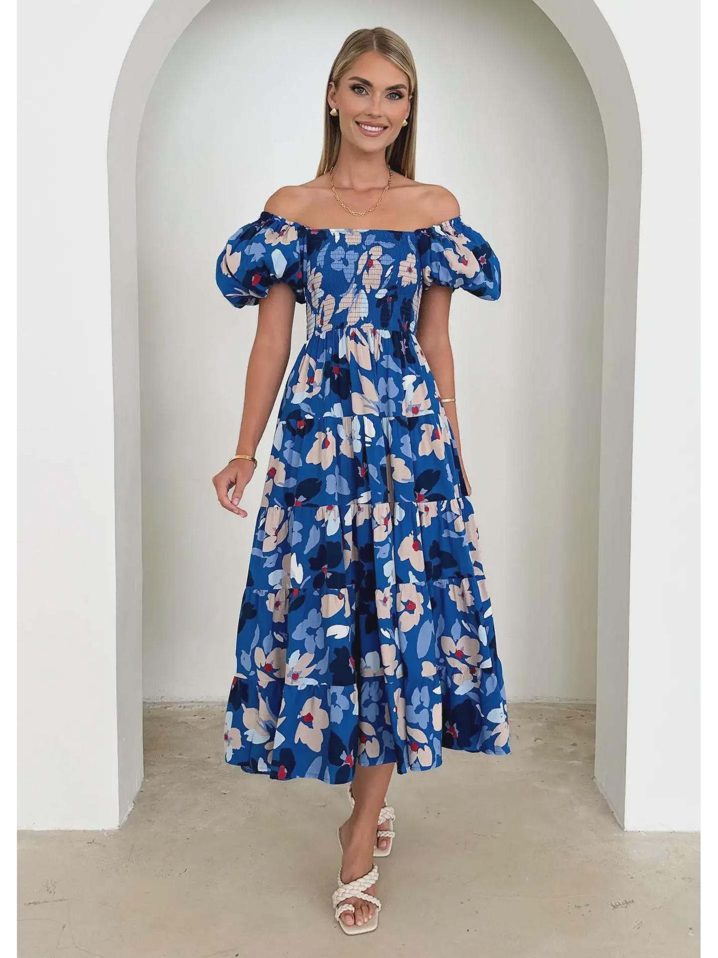 

Летнее платье 2024 года в европейском и американском стиле с одним плечом, пышными рукавами и высокой талией с принтом XL