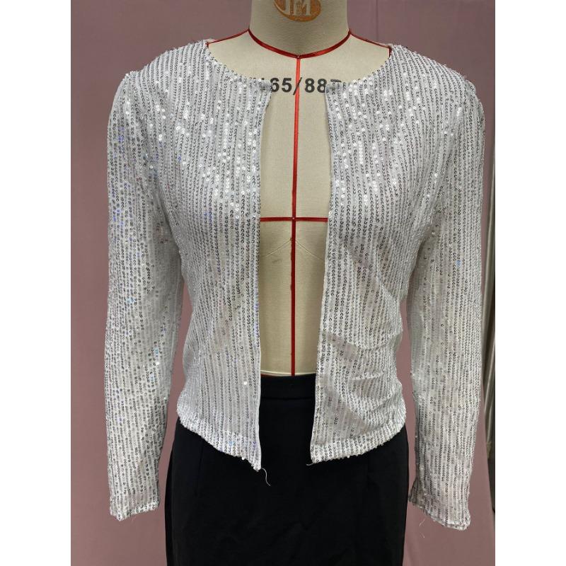 Chic Shiny Sequins Casual Jacket Women Fashion Sparkly Glitter Short Coats Slim Fit Long Sleeves Open Front Cardigan Outwear