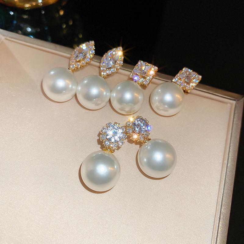 Wind zircon round square water drop imitation pearl silver needle earrings French earrings