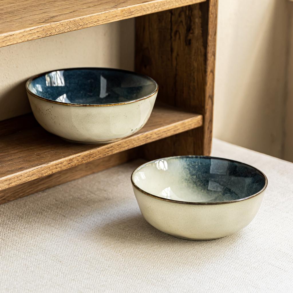 Special Kiln Change Blue Ceramic Bowl Retro Salad Bowl Home Restaurant Tableware Bowl Vegetable Bowl Round Noodle Bowl Soup Bowl