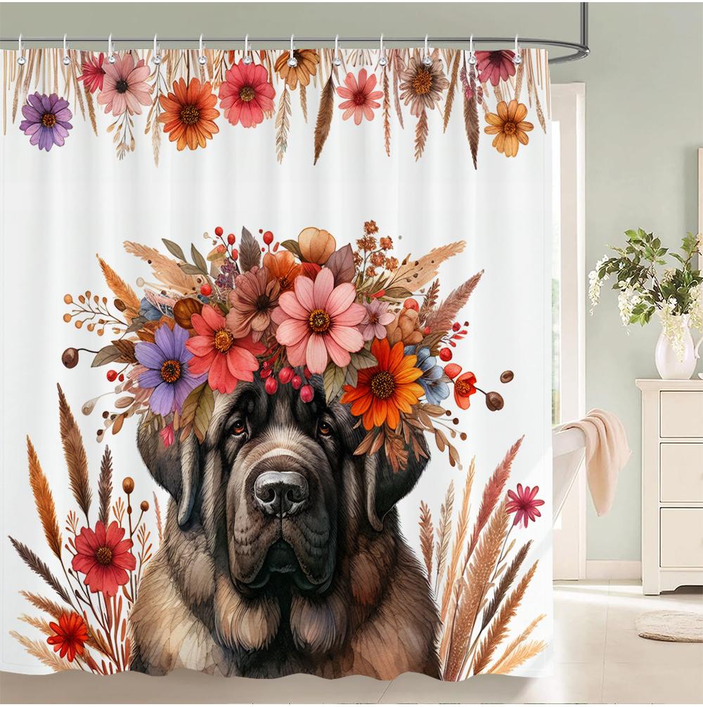 Flowers Dog Shower Curtain with Hooks Home Decor for Watercolor Plants and Floral Bathroom Curtain Polyester Fabric Bath Curtain