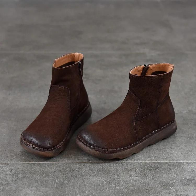 Johnature Versatile Women's Short Boots Round Toe Side Zipper Retro Genuine Leather Flat Boots