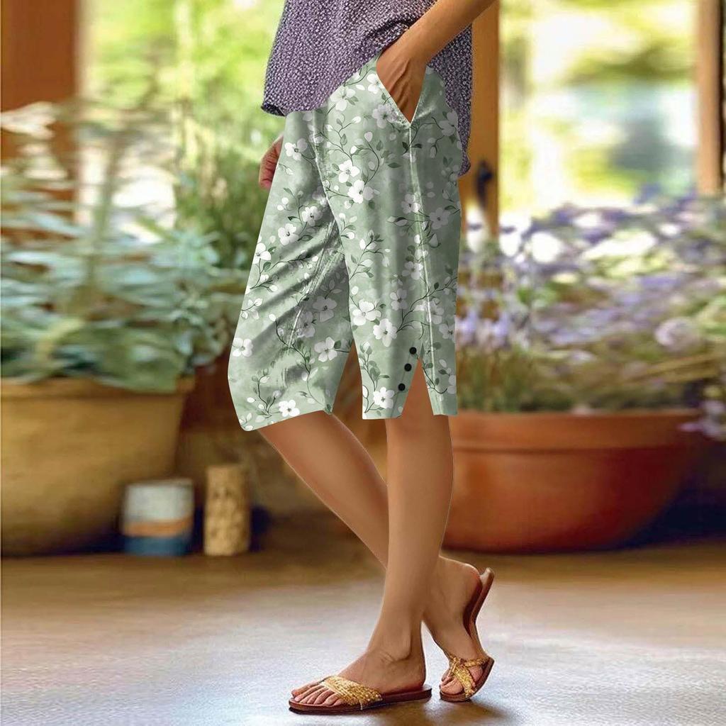 Dámské potištěné kalhoty Módní kapsa Elastický pas Ležérní šortky