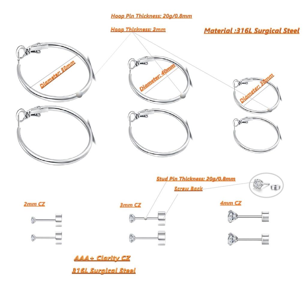 6 Pairs Hoop Earrings Cubic Zirconia Earrings Studs Set for Women 18k Gold Plated Surgical Steel Jewelry Gift