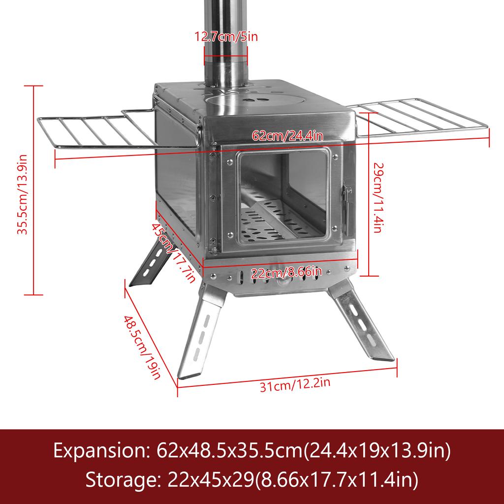 Camping Tent Stove with Chimney Pipe Outdoor Wood Burner Firing Stoves Portable Viewing Wood Burning Stove Camping Accessories