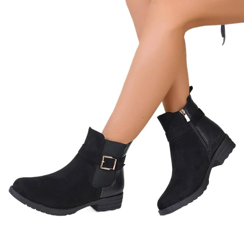 Fashion 2024 Winter High Quality Women's Boots Fashion Solid Color Round Toe Buckle Low Heel Versatile Side Zipper Women's Short Boots