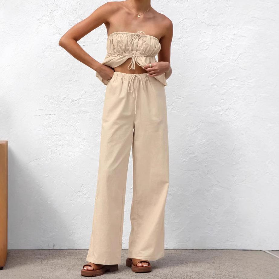 Khaki cotton and linen tube top strap-up loose trousers casual suit 1116 European and American spring and summer fashion new two-piece set
