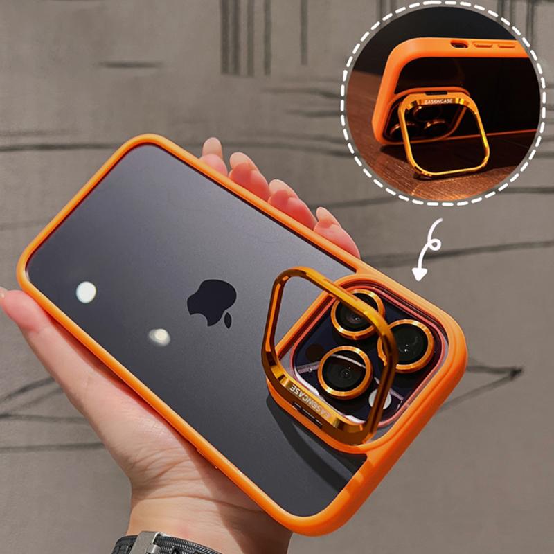 

Полый чехол с откидным кронштейном для объектива для iPhone 15 Plus 14 13 12 Pro Max 11, прозрачный акриловый противоударный чехол-бампер со сплавной пленкой для объектива