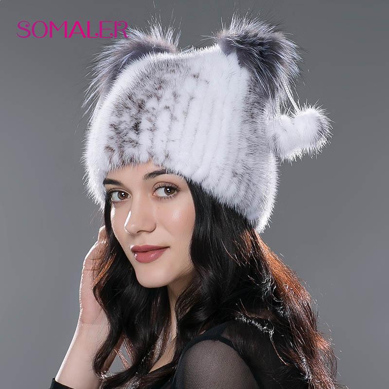 

Изысканная женская зимняя шапка с симпатичным дизайном кошачьих ушек с пумпонами из норкового меха