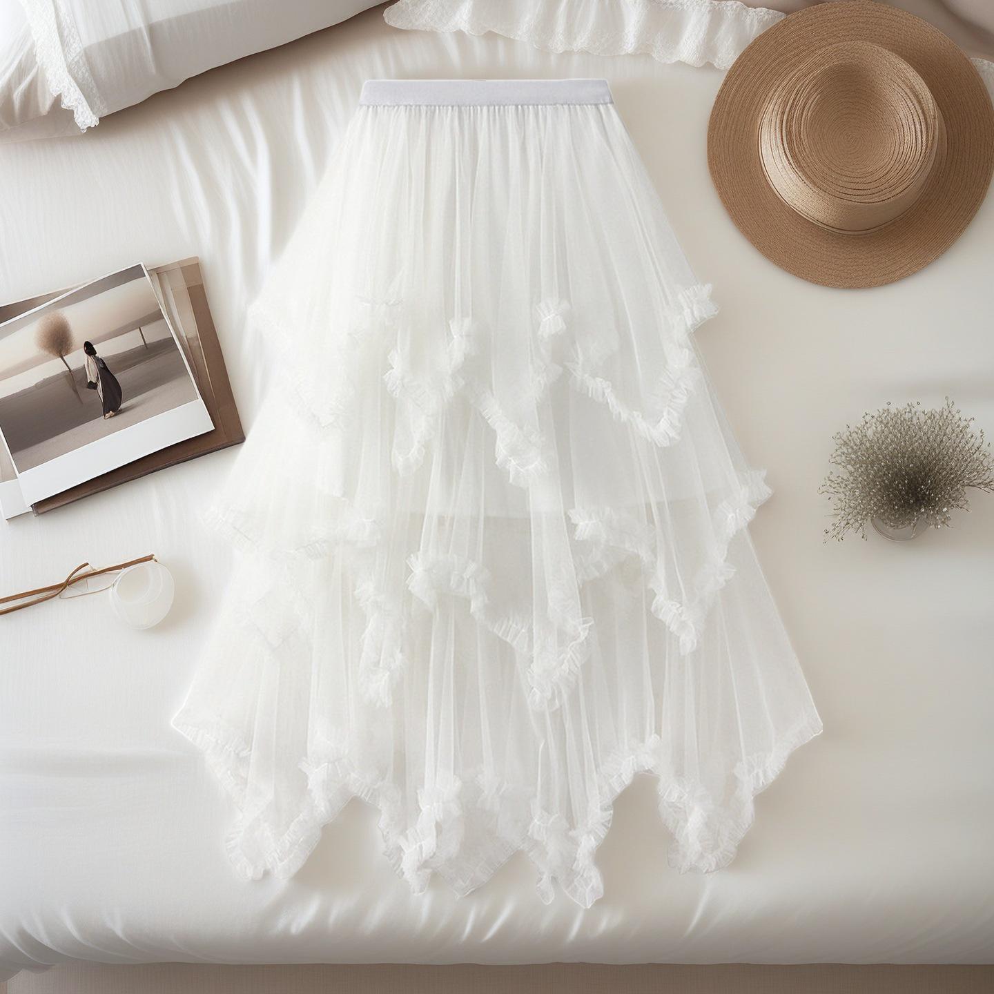 Elegant High Waist Ruffle Midi Skirt - Irregular Mesh and Fluffy Fairy Gauze Hem One Size белый