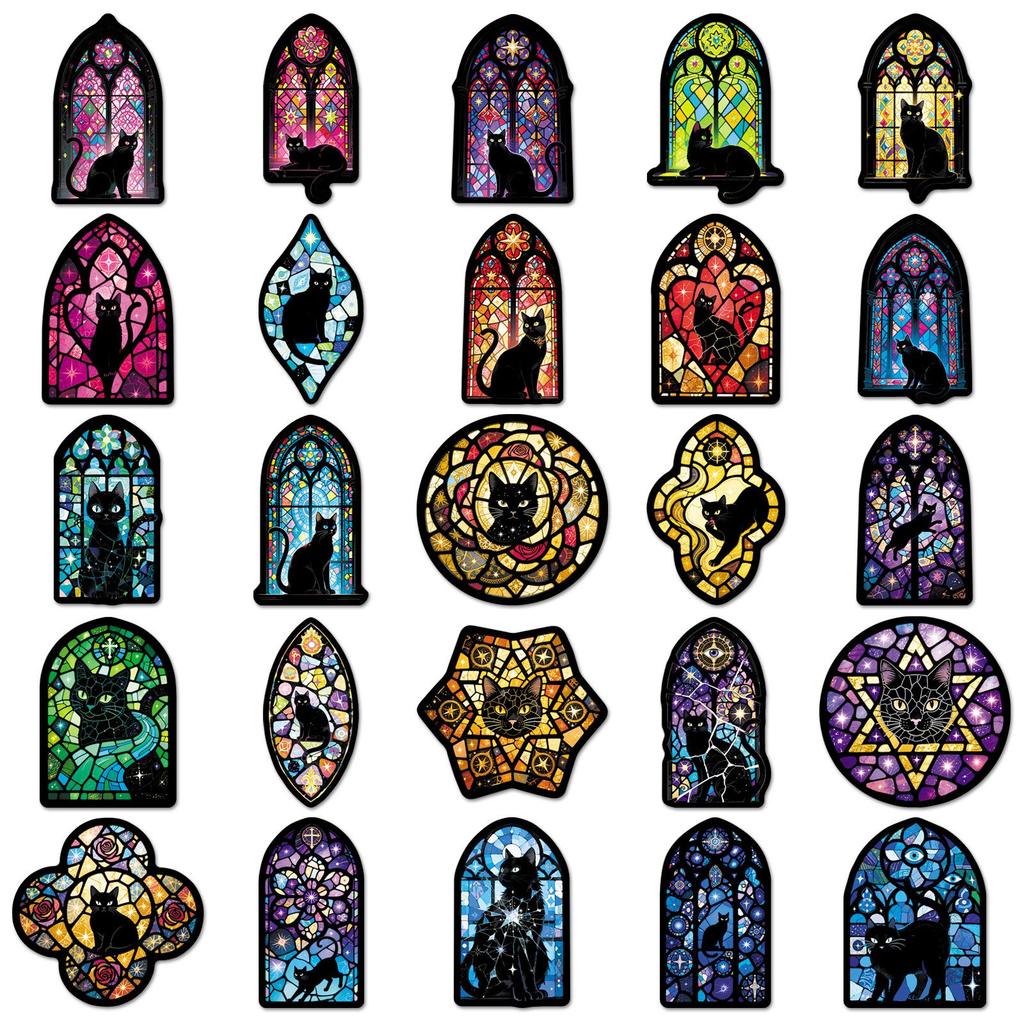 50 Stained Glass & Black Cat Gothic Stickers - Colorful, Waterproof, Decorative Journal Set