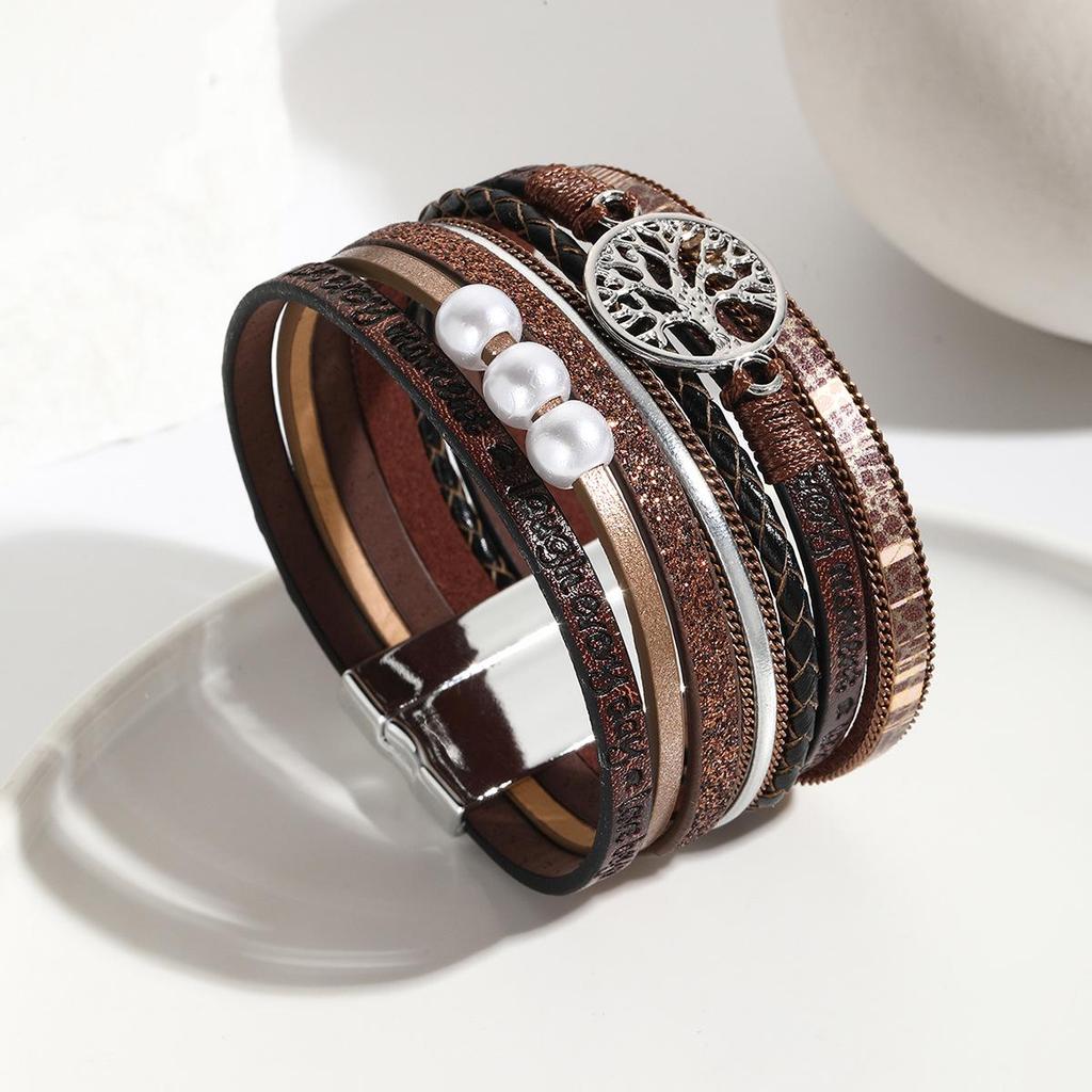 Bohemian Leather Cord Multilayer Bracelet with Raw Stone, Heart, Tree of Life, and Pearl Magnetic Bangle