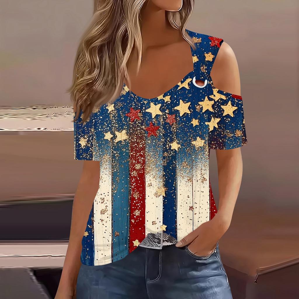 Sexy Cold Sholuder Tops For Women Summer Hollow Out Eyelet Short Sleeve Blouse Loose V Neck Tshirt Trendy Casual Tunics