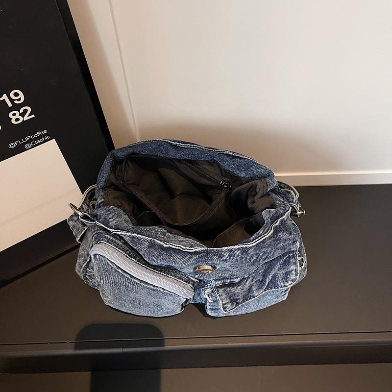 Multi-Pocket Denim Bag Large Capacity Retro Commuter Shoulder Bag