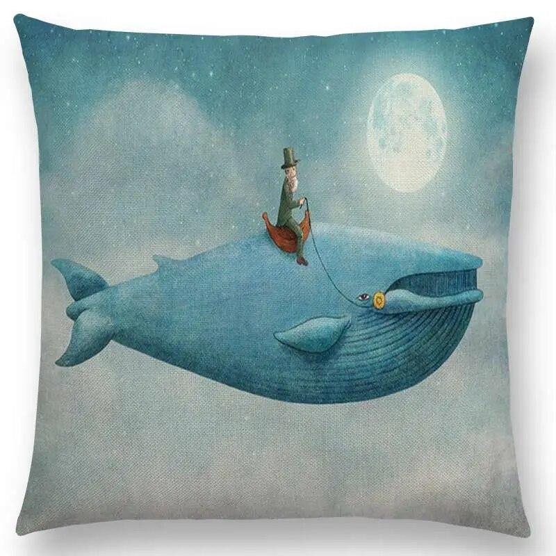 Sofa Throw Pillow Cover Home Decor Cute Little Ghost Sailing Whale Ocean Diver Print Cushion