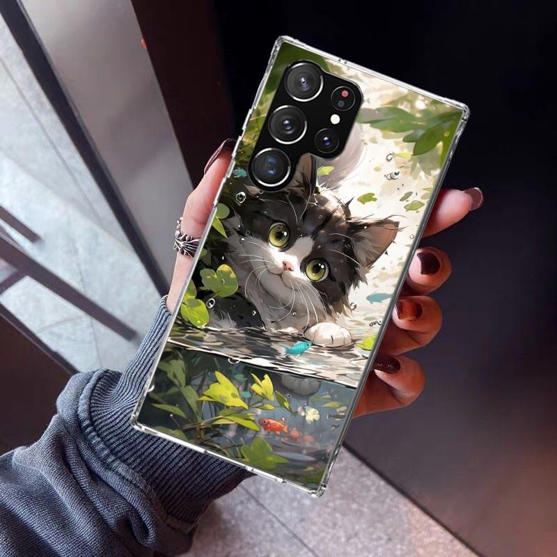 Cartoon Cute Cat Fish Aesthetic Phone Case For Samsung Galaxy S26 S25 Edge S24 S23 Ultra S22 Plus S21 S20 FE Soft TPU Back Cover