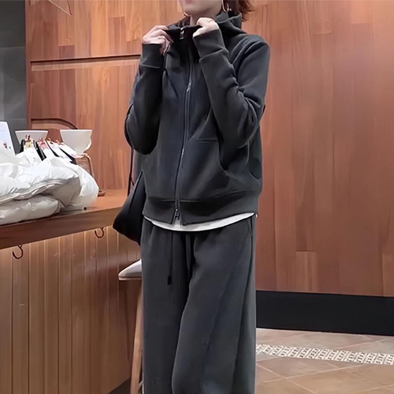 2025 Women's Plus Size Casual Two-Piece Set: Sweatshirt Jacket & Wide Leg Pants for Autumn/Spring