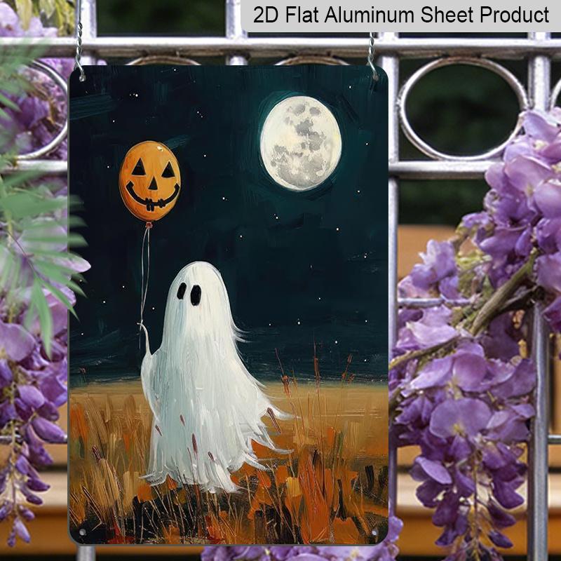 2D Flat Cute Ghost Holding Pumpkin Balloon Full Moon Vintage Metal Sign‑8.0x12.0inch Aluminum Wall Art, Farmhouse Halloween Porch Decor, Pre‑Drilled