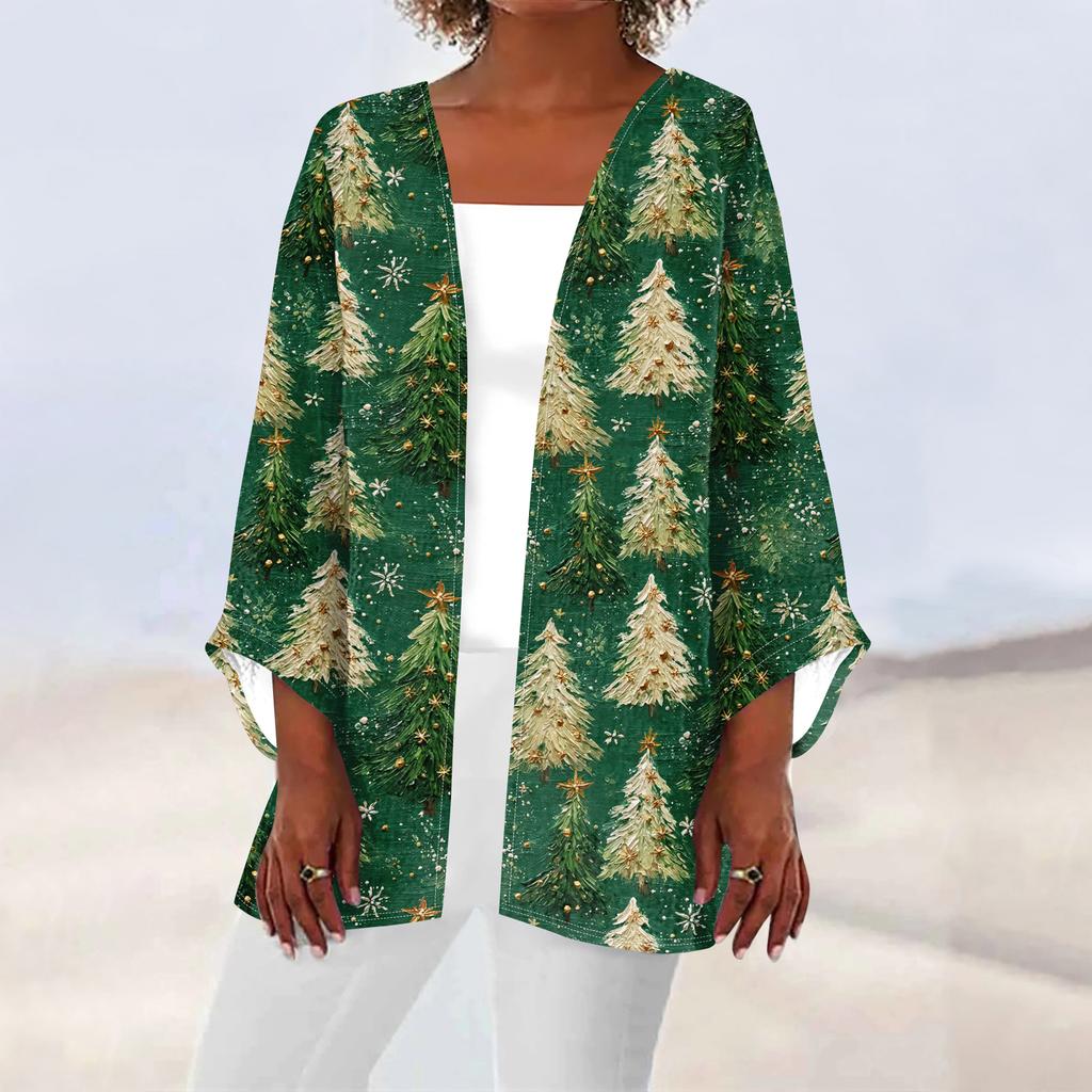 Women's Casual And Fashionable Christmas Printed Lightweight Mid Length Jacket Cardigan