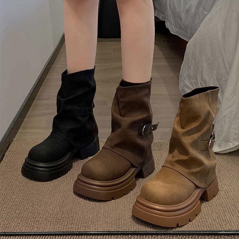 British Style High-end Short Boots Autumn New Super Fire Versatile Martin Boots Heightened Thick-soled Medium Boots