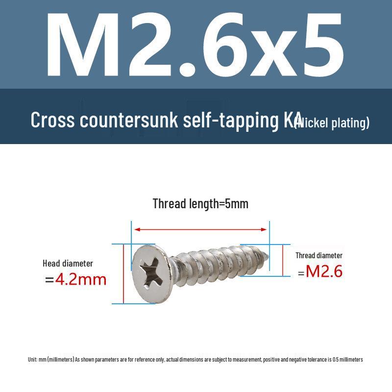 YiguYigu Nickel-Plated Phillips Flat Head Self-Tapping Screws M1-M5, Carbon Steel