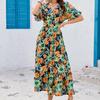 Women's Bohemian Vacation Style Printed Deep V Short-sleeved Dress Cinched Waist Beach Dress