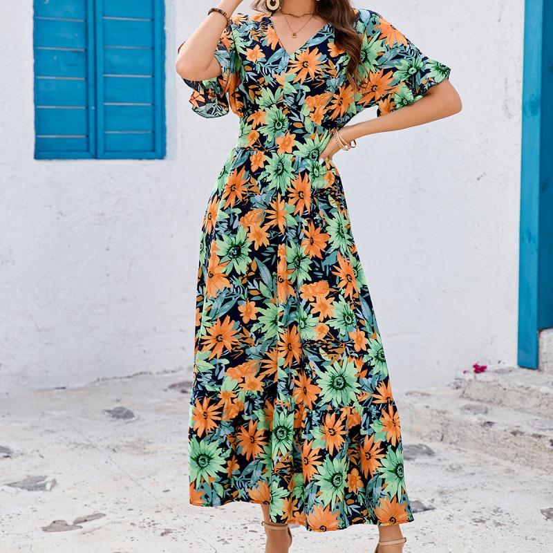 Women's Bohemian Vacation Style Printed Deep V Short-sleeved Dress Cinched Waist Beach Dress
