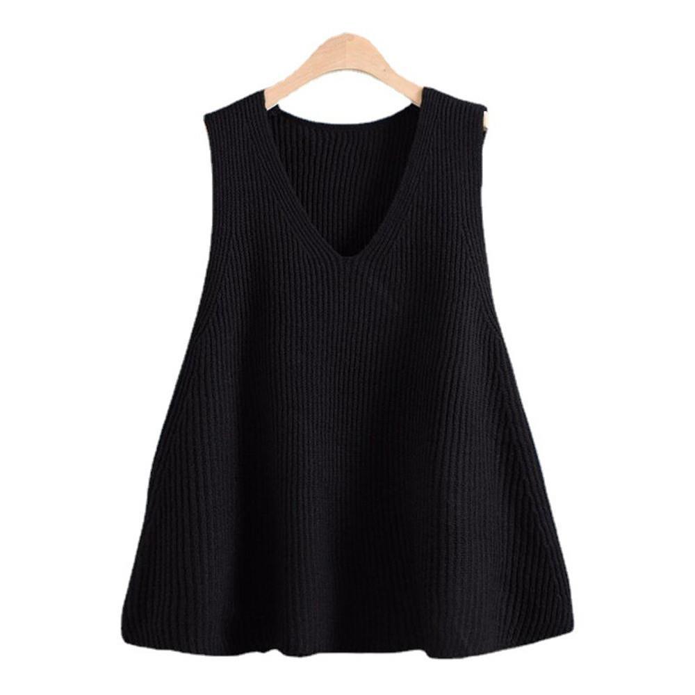 Damen Frühling und Herbst Große Größe Pullover Strickpullover Lose Ärmelloses V-Ausschnitt Bottoming Shirt M black