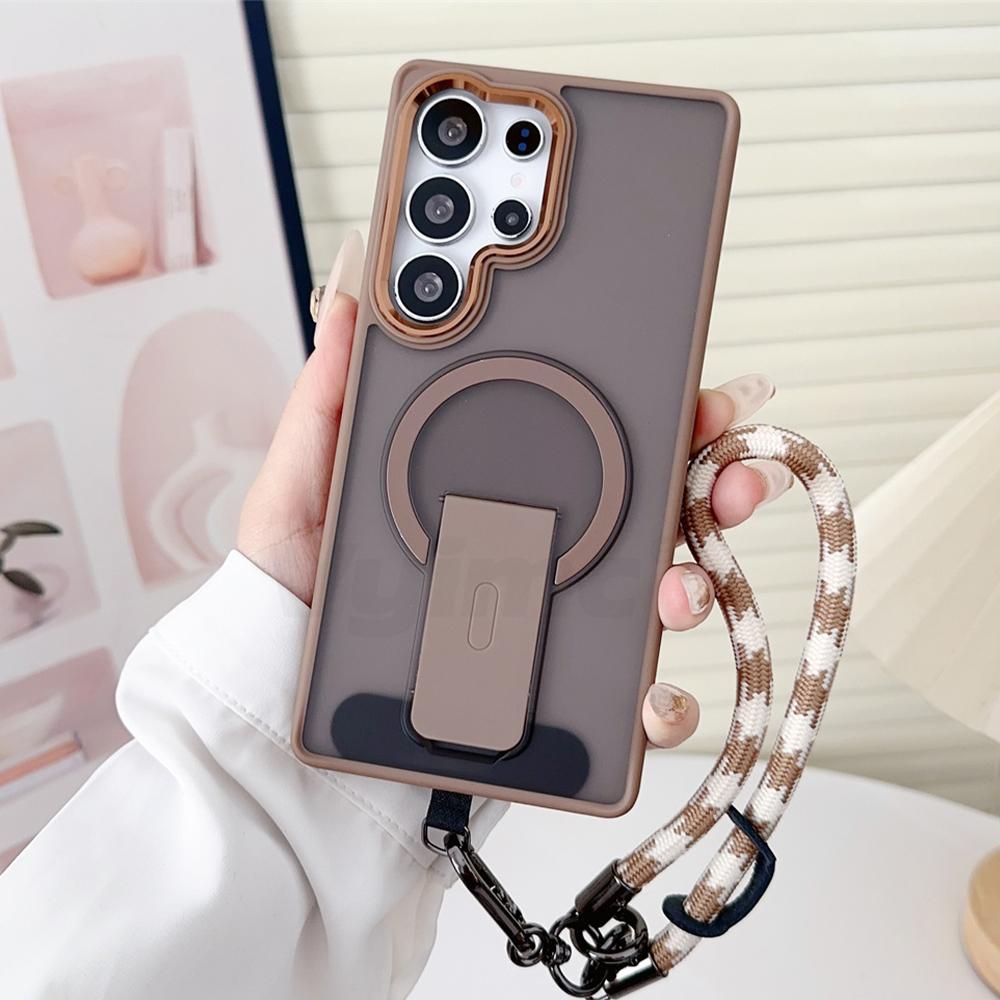 Luxury Lanyard Magnetic Folding Stand Phone Case For Samsung S26 S25 Edge S24 Plus FE S23 Ultra For Magsafe Wireless Charge Caps