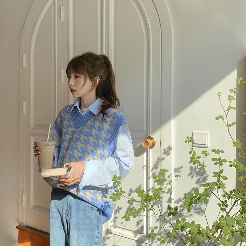 Dame Genser Vest Høst Houndstooth Rutete V-hals Ermeløs Strikket Vintage Løs Oversized Dame Genser Vest Dameklær