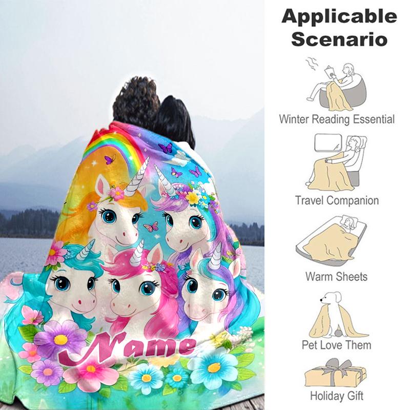 1PC Custom Name Rainbow Unicorns Fantasy flannel blanket versatile, all-season throw suitable for the living room, bedroom, camping, travel, and gift