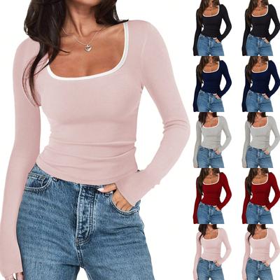 Fashionable Women's Top Square Neck Slim Sexy Colorblock Long Sleeves