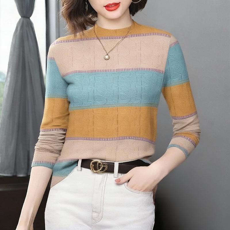 Women's Fashionable Printed Long-Sleeve Base Layer Shirt, Age-Reducing, Warm, Semi-High Collar, Stylish Inner Wear for Mid-Aged and Elderly.